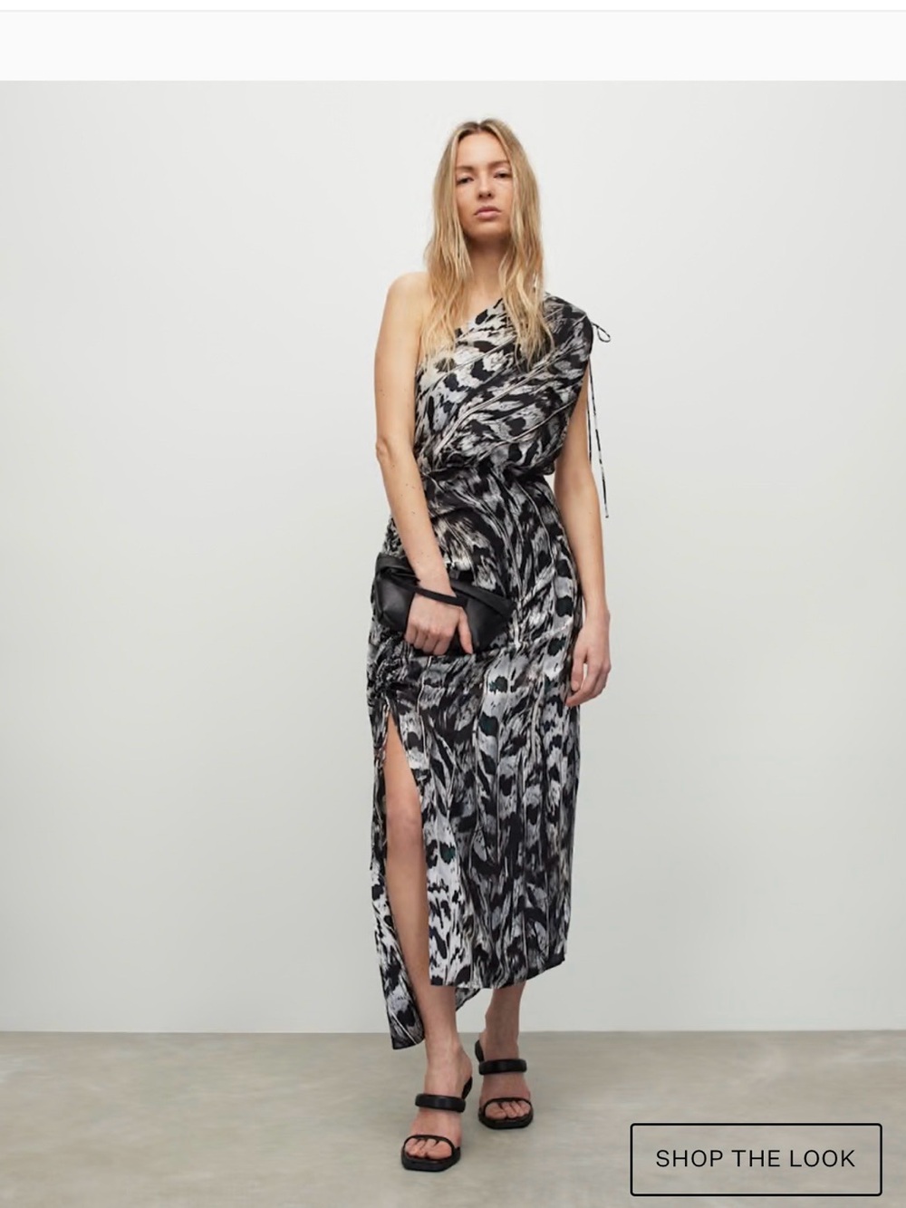 AllSaints Laura Ines Silk Black, White, Teal One-Shoulder Printed Midi Dress